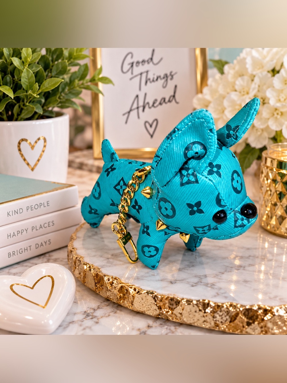 💎 Turquoise Monogram Dog Figurine Keychain – Gold Chain & Stud Details
